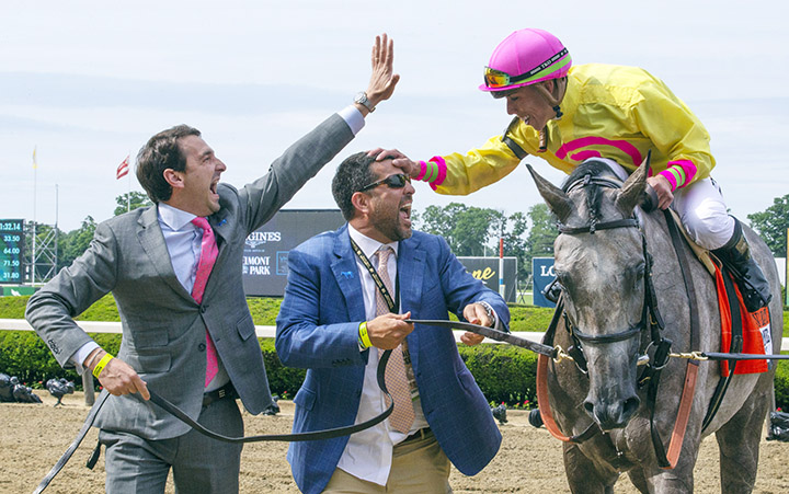 Sol Kumin celebrates with Irad Ortiz Jr after the Just A Game Stakes