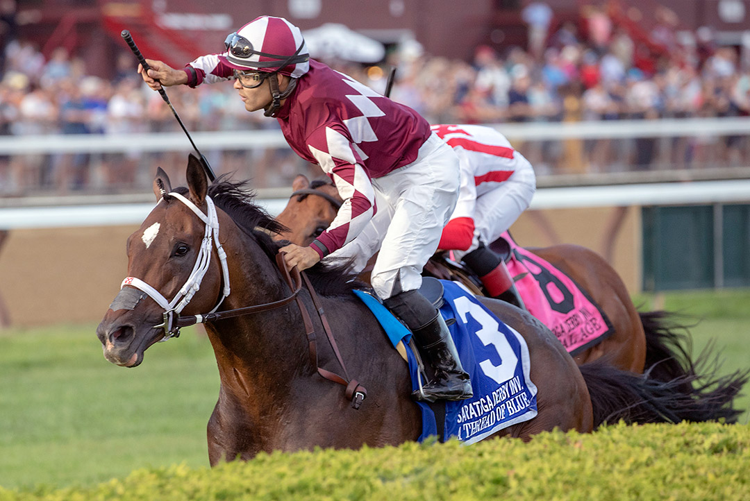 A Thread of Blue wins the 2019 Saratoga Derby at Saratoga Race Course