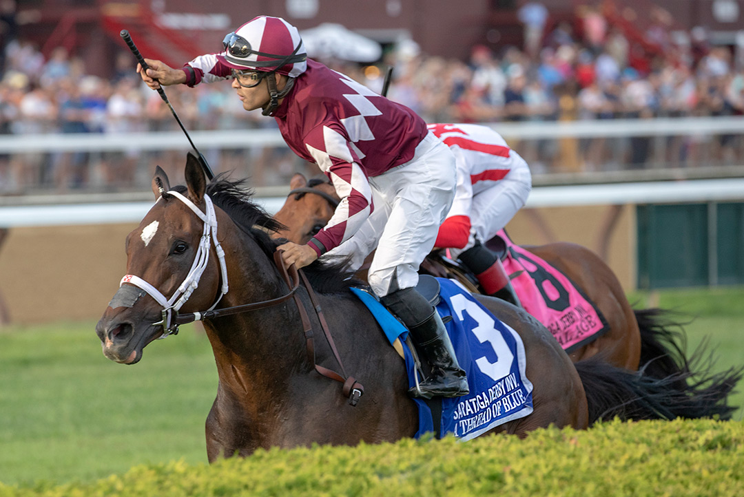 A Thread of Blue wins the 2019 Saratoga Derby at Saratoga Race Course