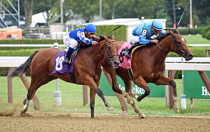 Alandra (right) wins a Sept. 1 maiden race at Saratoga Race Course