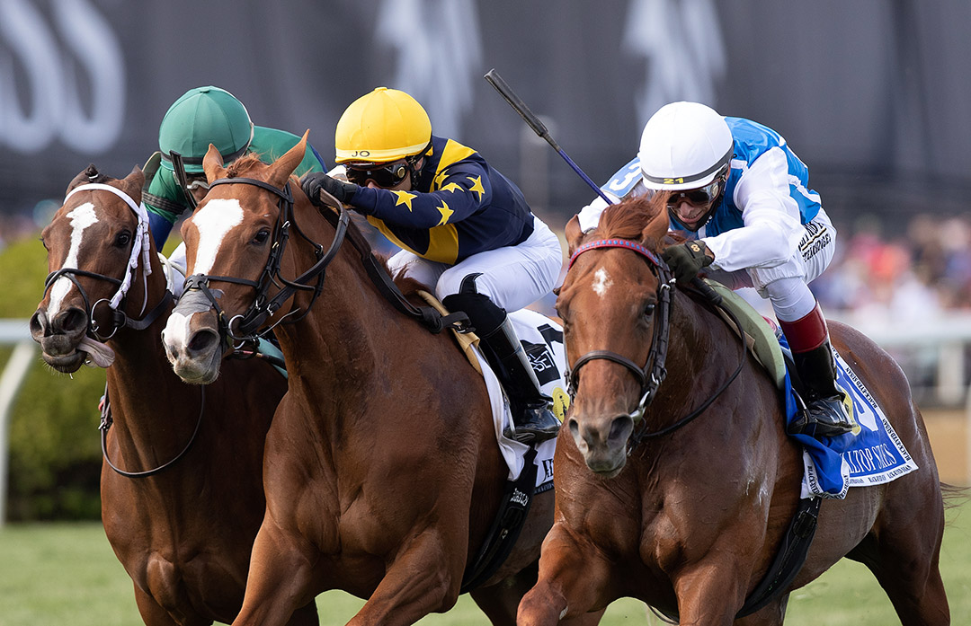 Alda (right) wins the 2021 Hilltop Stakes at Pimlico Race Course