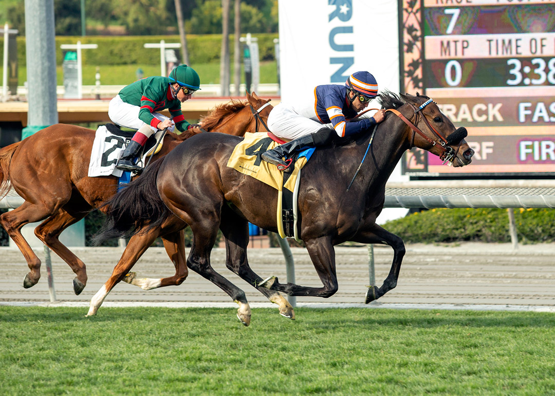 Edwin Maldonado and Alice Marble win the Wishing Well Stakes at Santa Anita