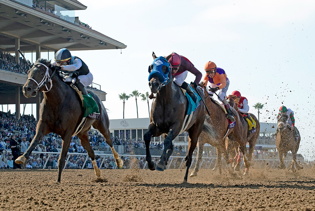 Aloha West (left) wins the 2021 Breeders' Cup Sprint at Del Mar