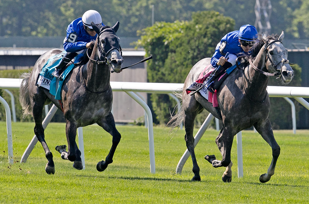 Althiqa (right) wins the 2021 Just a Game Stakes at Belmont Park