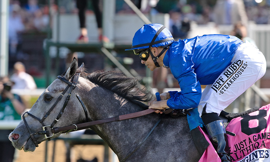 Althiqa wins the 2021 Just a Game Stakes at Belmont Park
