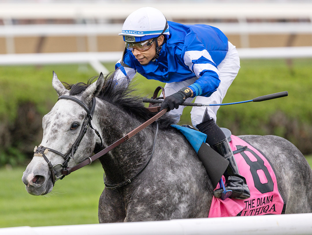 Althiqa wins the 2021 Diana Stakes at Saratoga Race Course