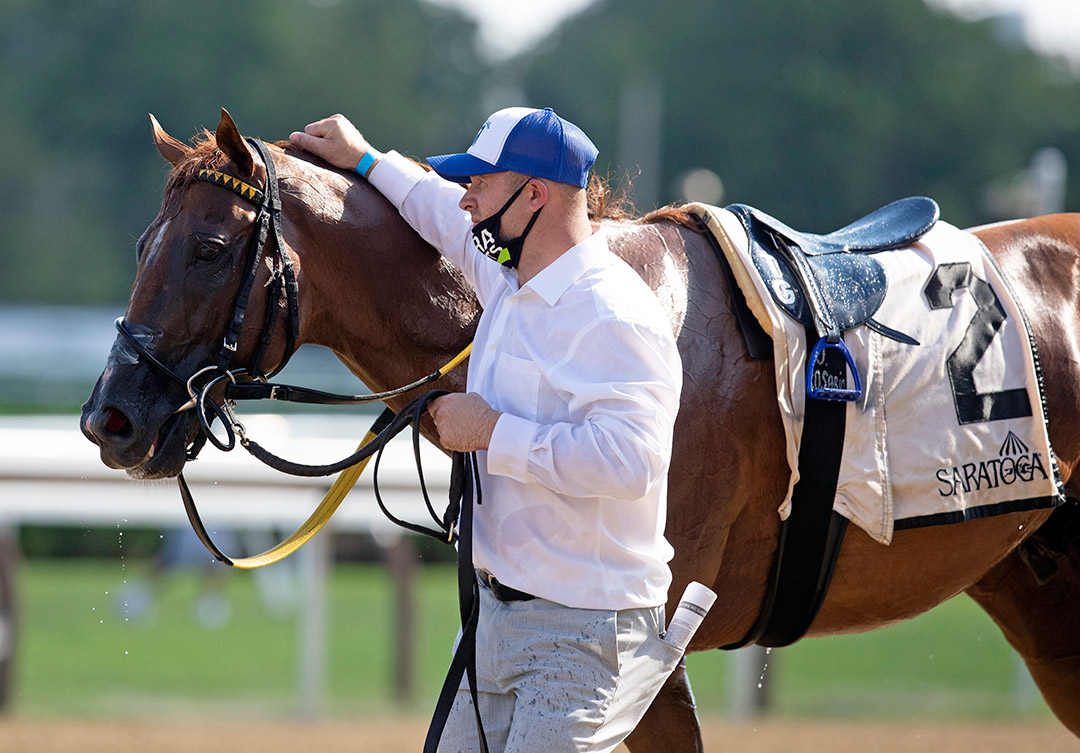 Trainer Wayne Potts with American Sailor after winning the Troy Stakes at Saratoga