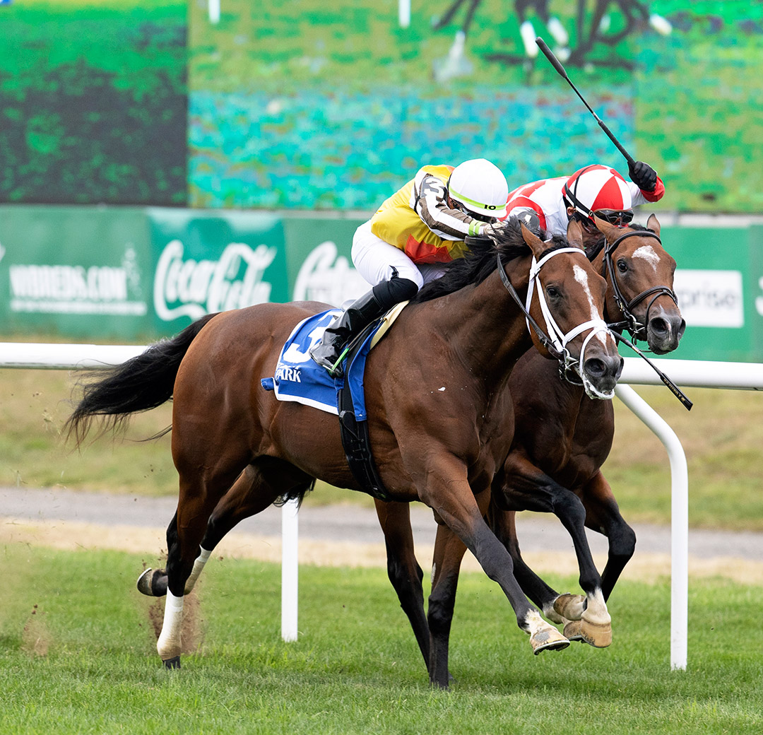 Annapolis (left) wins the 2021 Pilgrim Stakes at Belmont Park