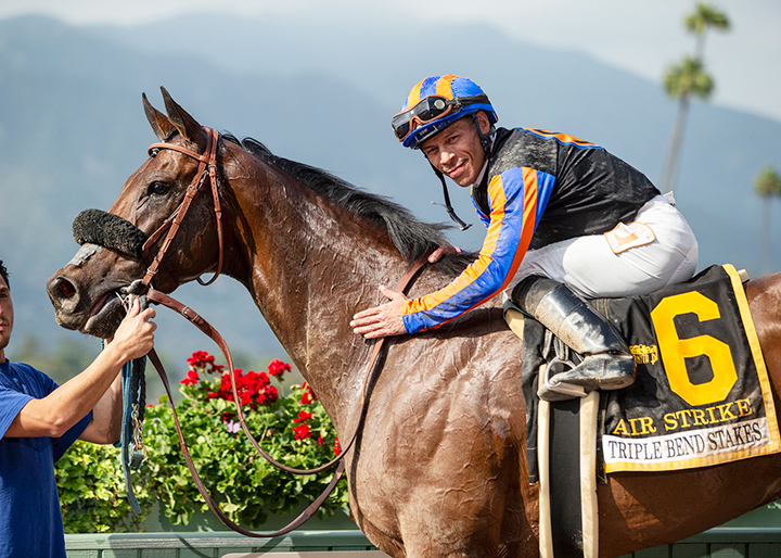 Noberto Arroyo Jr. aboard Air Strike after winning the 2019 Triple Bend at Santa Anita