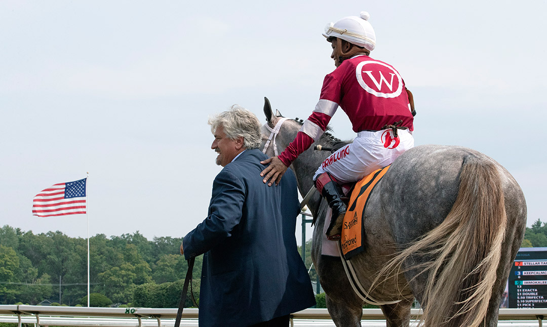 Trainer Steve Asmussen after setting a new all-time wins record with Stellar Tap at Saratoga