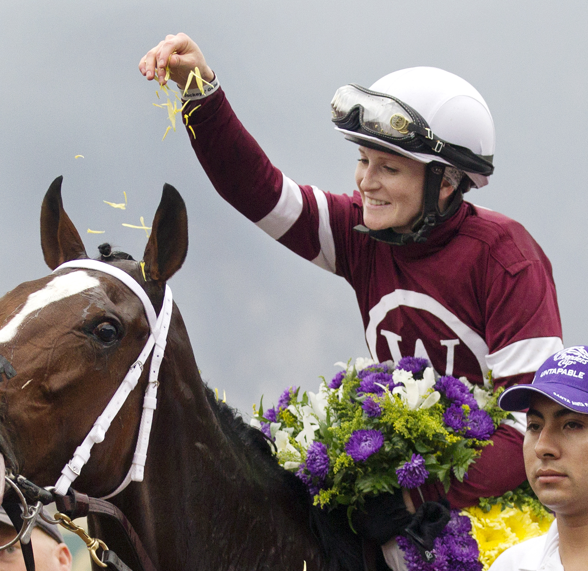 Rosie Napravnik celebrates after the Breeders' Cup Distaff