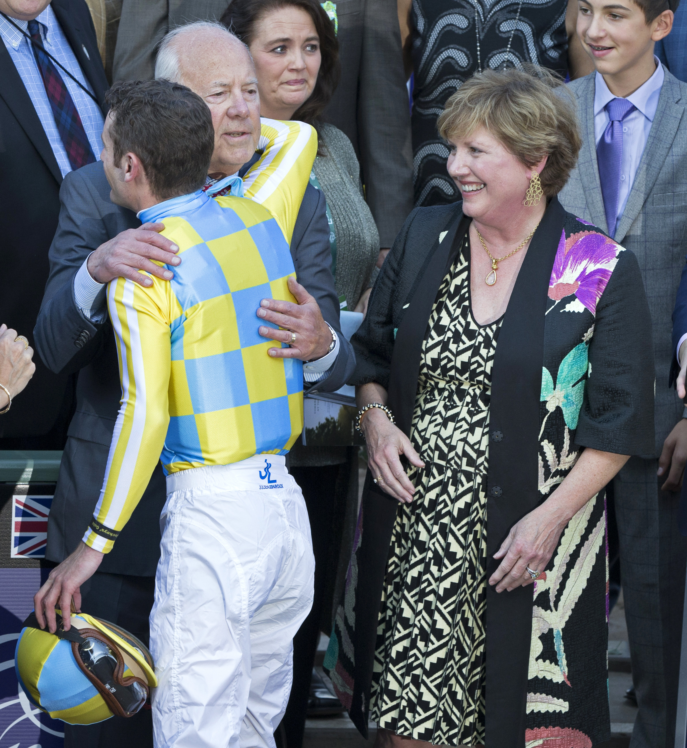 John Oxley hugs Julien Leparoux after winning the Breeders' Cup Juvenile