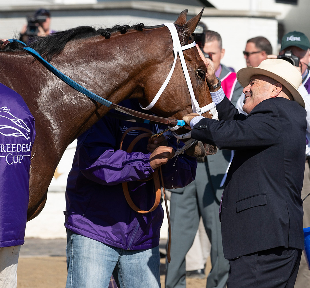 Trainer Peter Miller with Stormy Liberal after winning the 2018 Breeders' Cup Turf Sprint