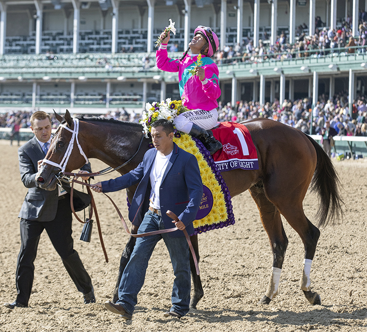 Javier Castellano aboard City of Light after the 2018 BC Dirt Mile