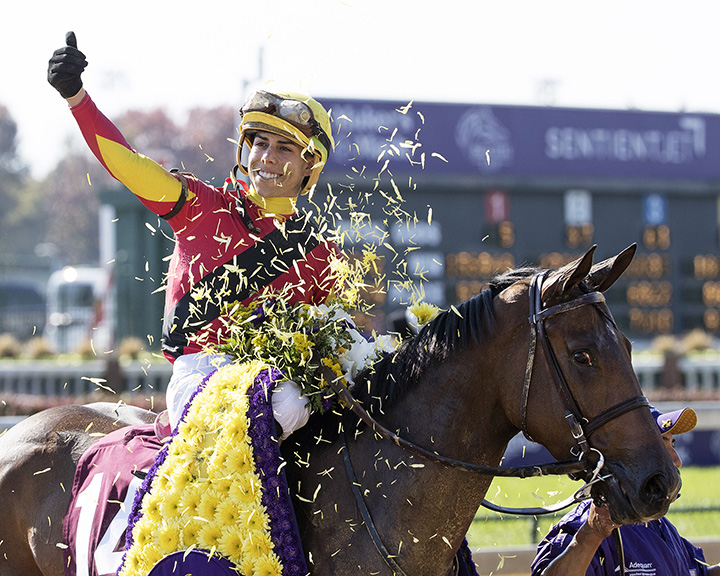 Irad Ortiz Jr. celebrates after winning the Filly and Mare Sprint aboard Shamrock Rose