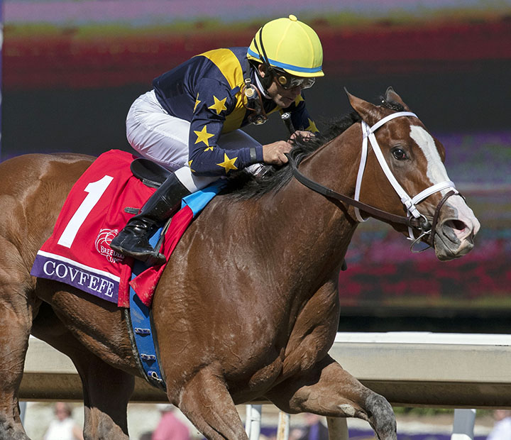 Covfefe wins the 2019 Breeders Cup Filly and Mare Sprint at Santa Anita Park