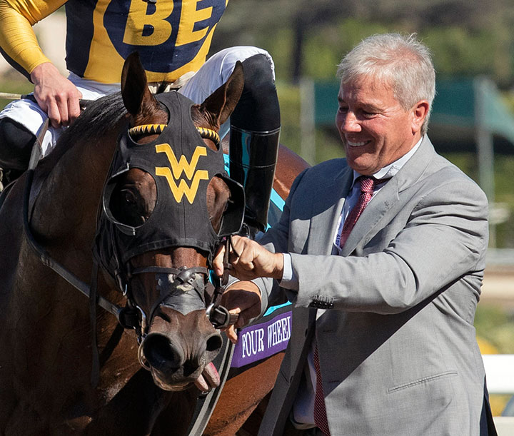 Wesley Ward with Four Wheel Drive after winning the BC Juvenile Turf Sprint at Santa Anita