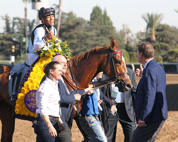 Sharing after winning the 2019 Breeders Cup Juvenile Fillies Turf at Santa Anita