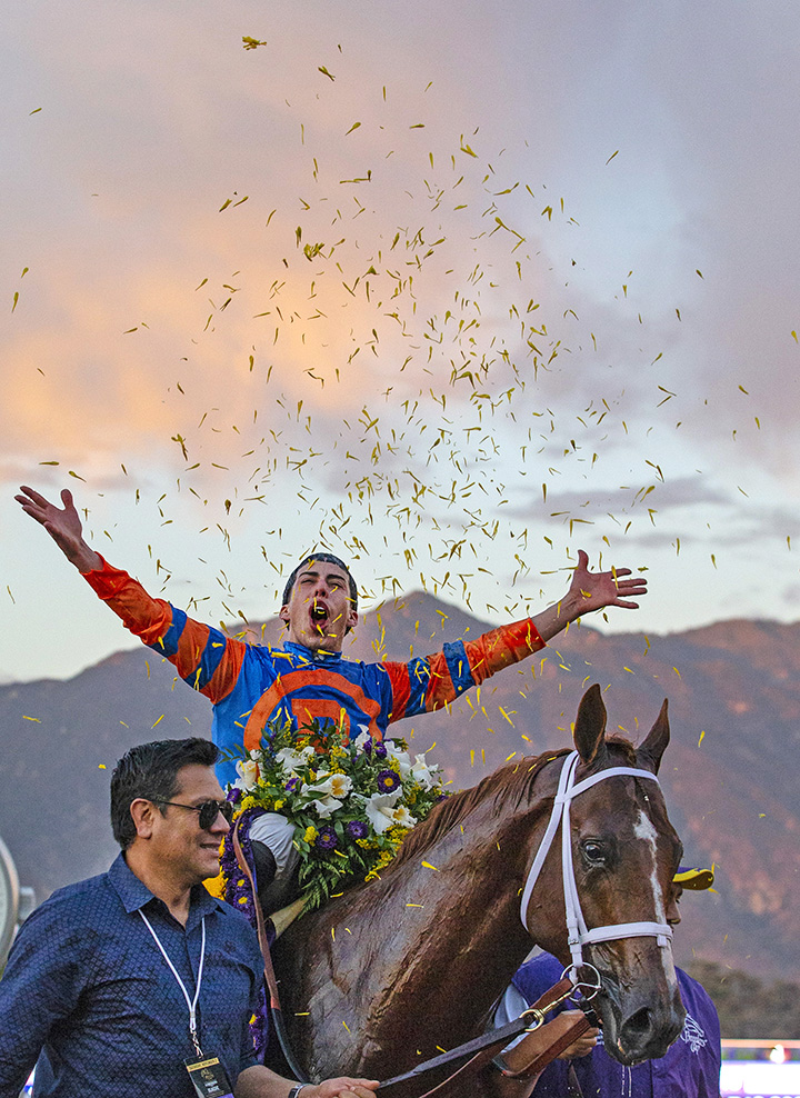 Irad Ortiz Jr. celebrates winning the Breeders' Cup Classic with Vino Rosso