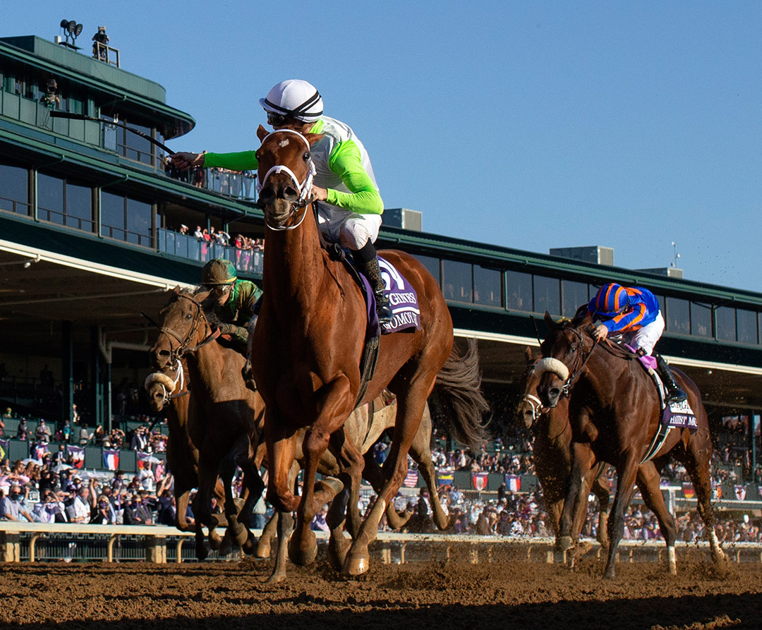 Monomoy Girl wins the 2020 Breeders' Cup Distaff at Keeneland Racecourse