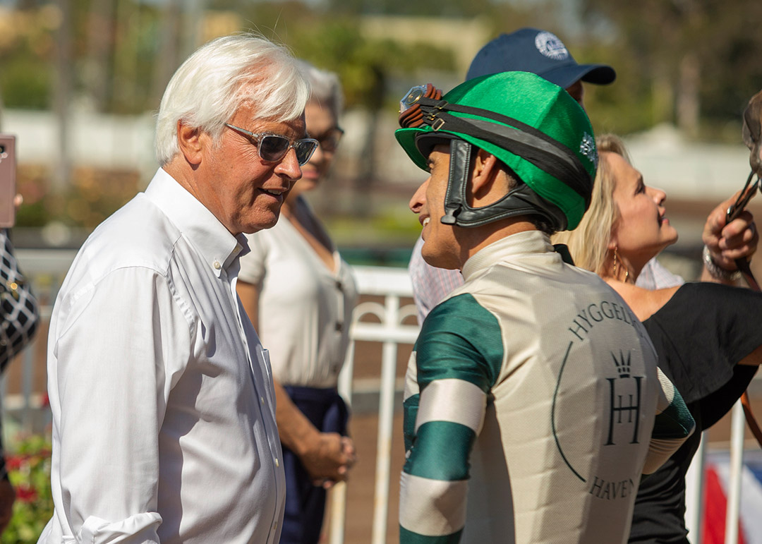Bob Baffert (left) with John Velazquez after Gamine won the Great Lady M. Stakes