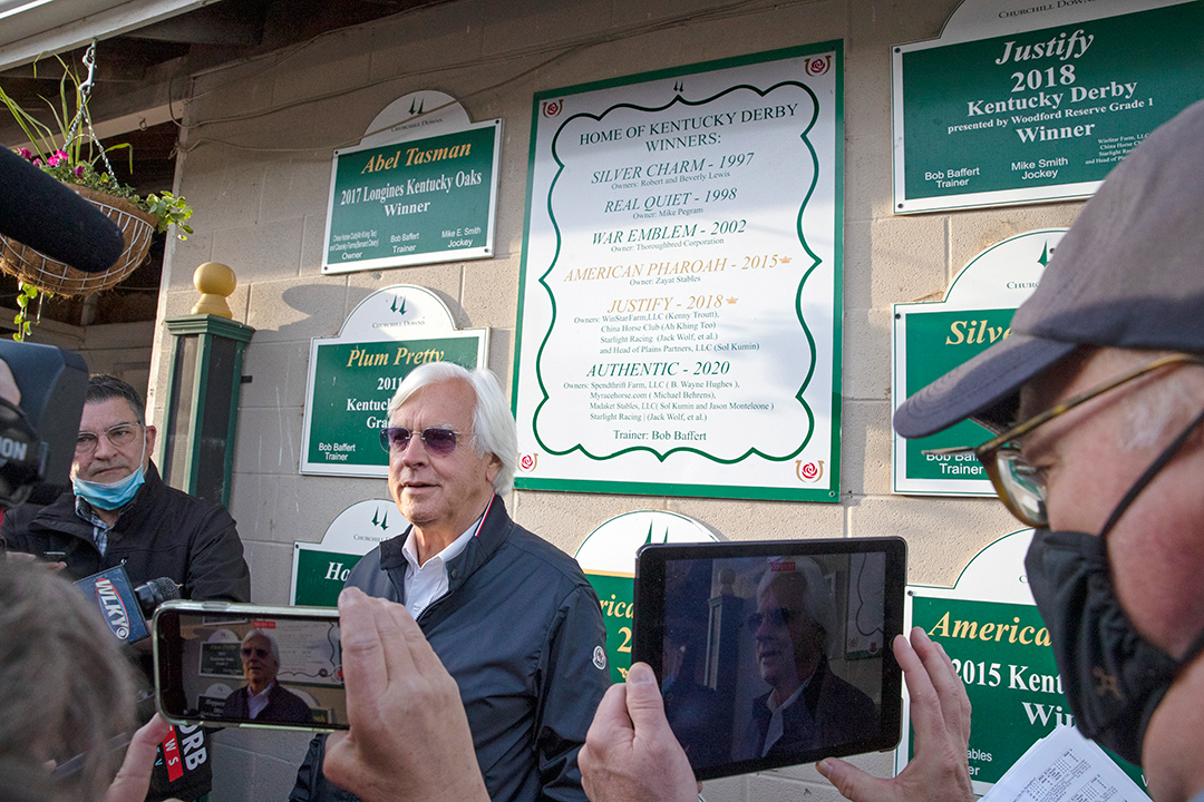 Trainer Bob Baffert is interviewed by the media the day after winning the Kentucky Derby with Medina Spirit