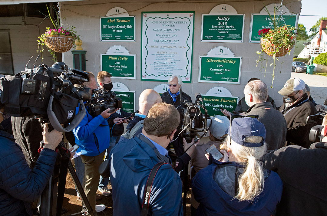 Bob Baffert speaks with the media at Churchill Downs on April 26
