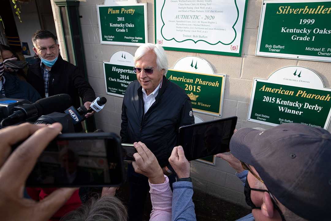 Bob Baffert speaks with the media outside his barn at Churchill Downs on May 2