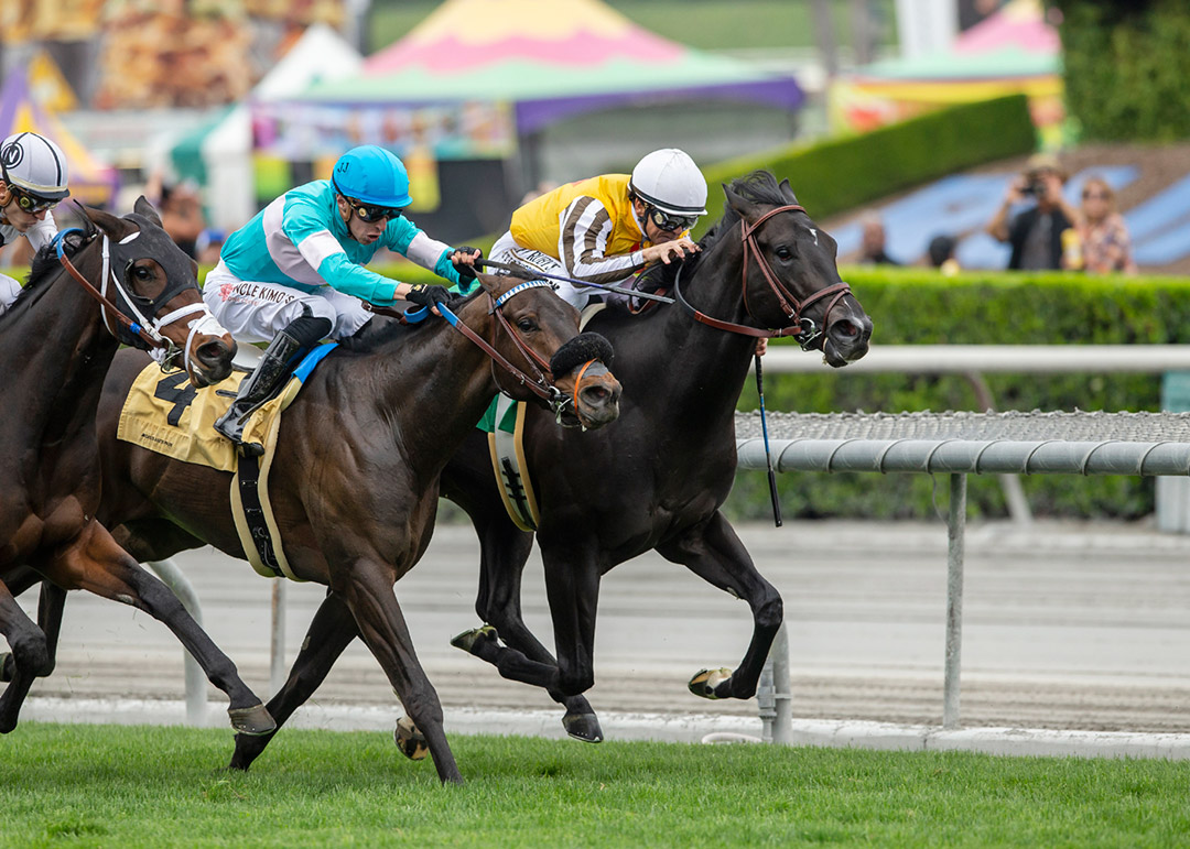 Balnikhov (left) finishes second in the 2022 Singletary Stakes at Santa Anita