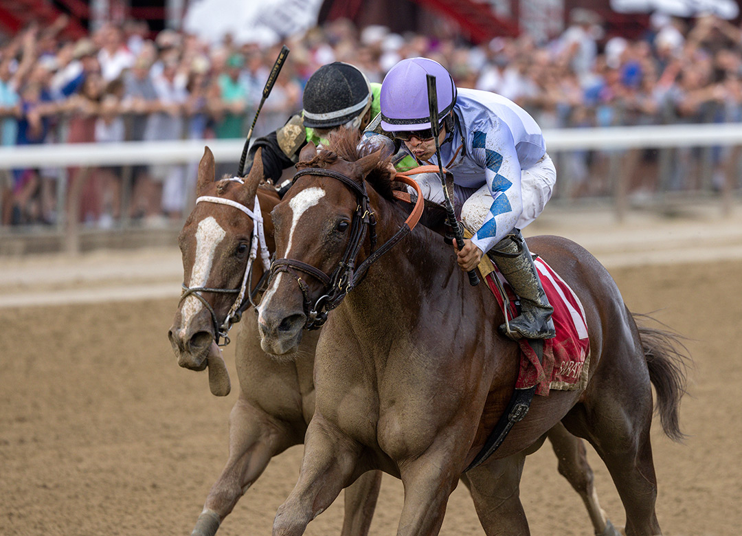 Bayerness (right) wins the 2021 Shine Again Stakes at Saratoga Race Course