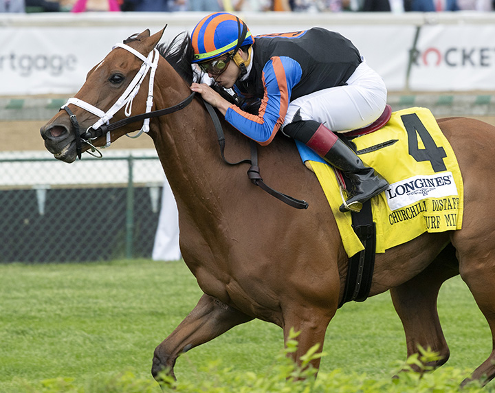 Beau Recall wins the 2019 Churchill Distaff Turf Mile