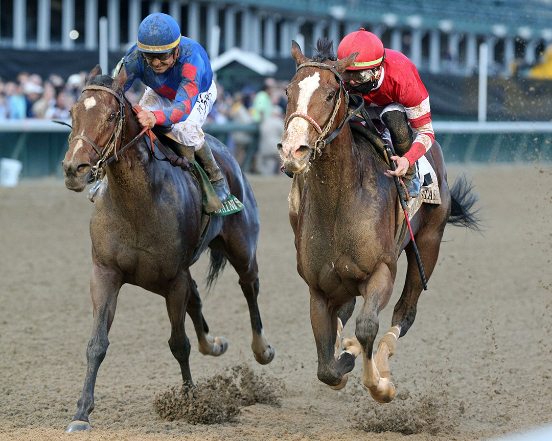 Bell's the One (left) finishes second in the Open Mind Stakes at Churchill Downs