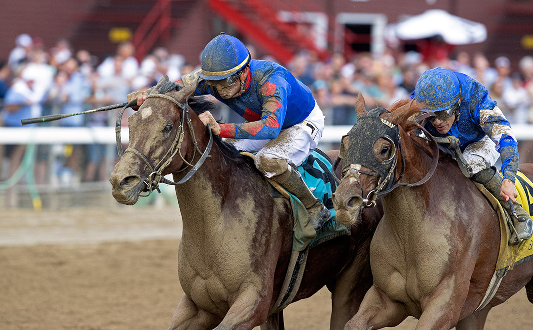 Bell's the One (left) wins the 2021 Honorable Miss Stakes at Saratoga Race Course