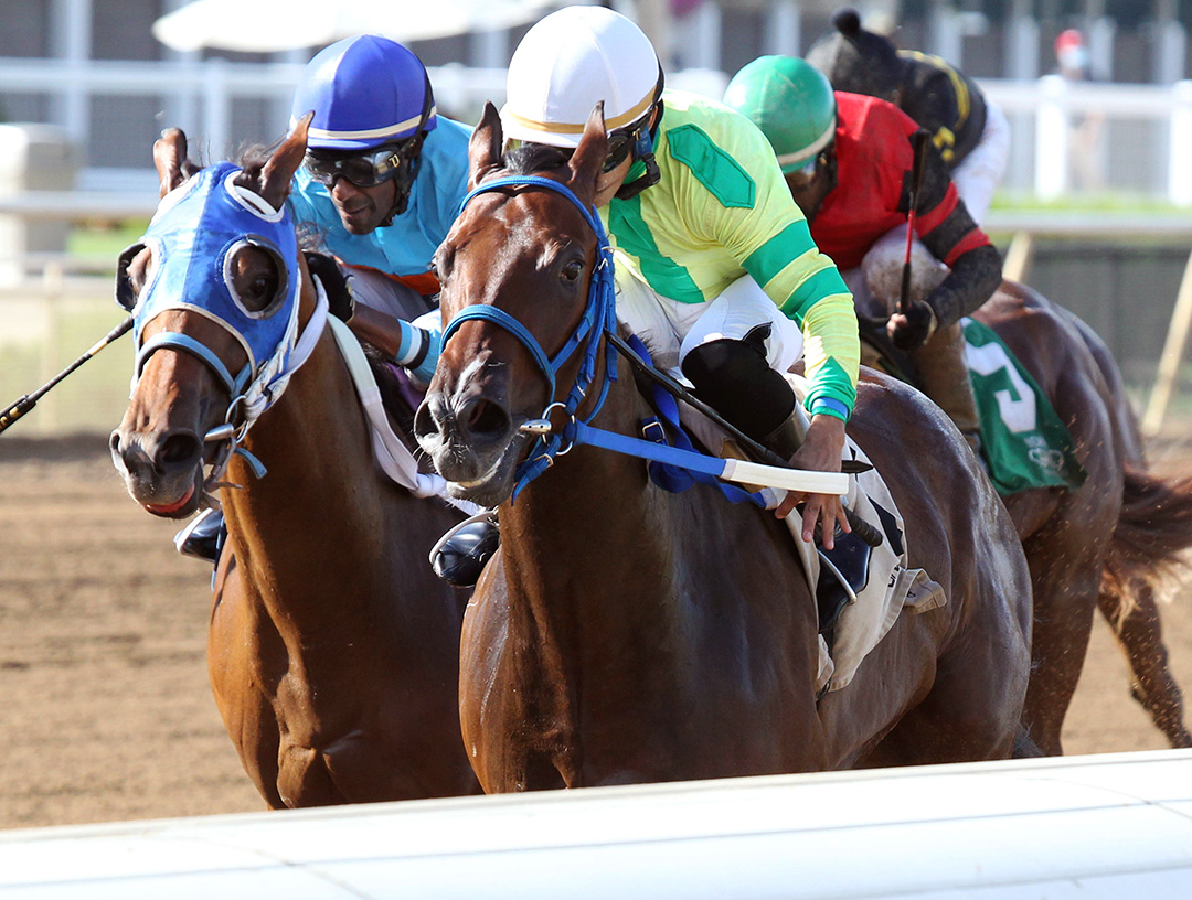 Betsdownletsride (right) wins an Aug. 11 allowance at Indiana Grand