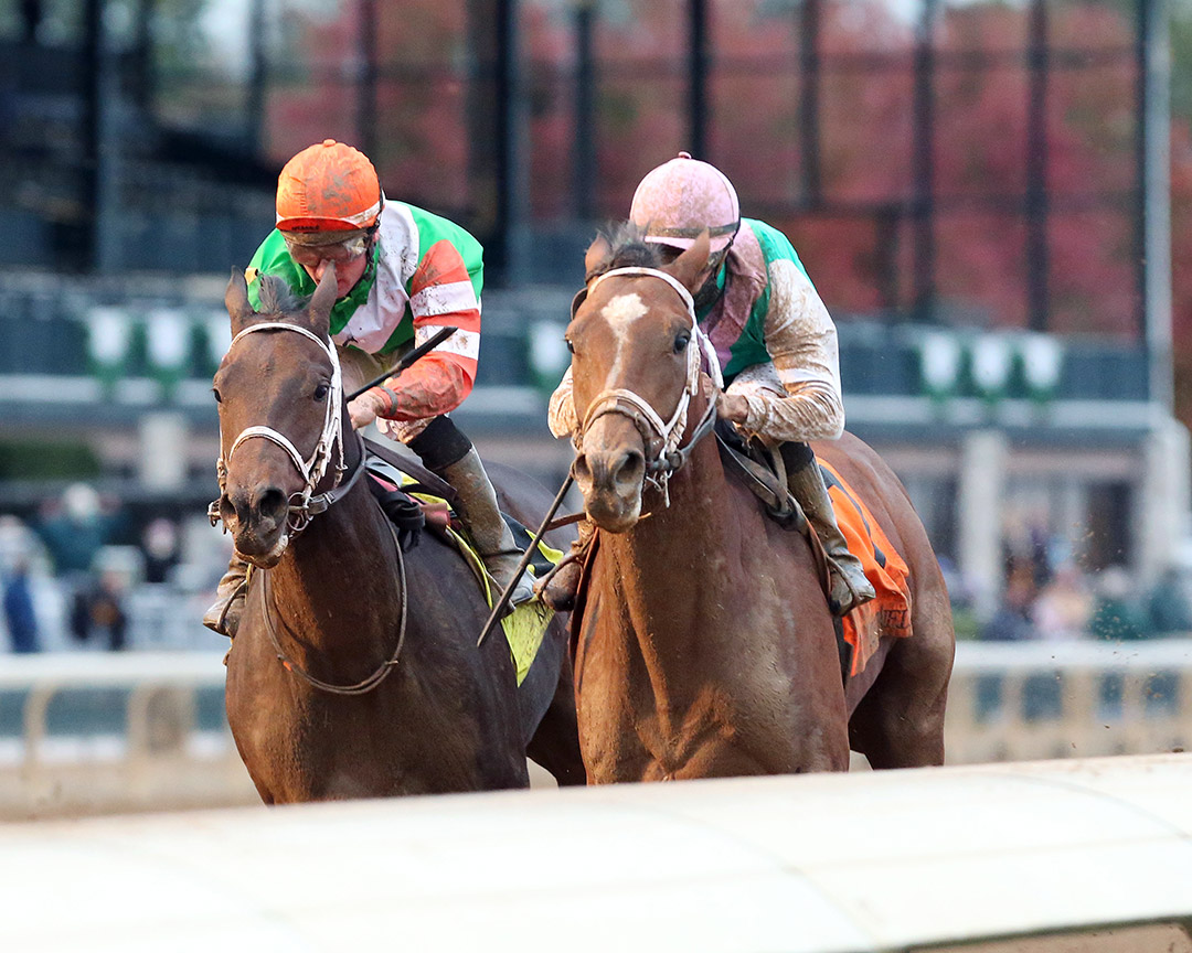 Bob's Edge (left) finishes second in an October 2020 maiden race at Keeneland
