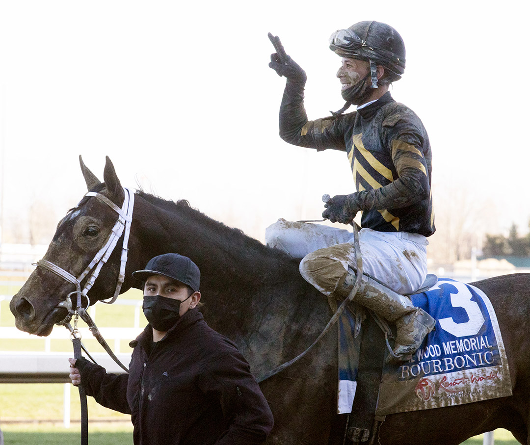 Kendrick Carmouche and Bourbonic after winning the 2021 Wood Memorial at Aqueduct