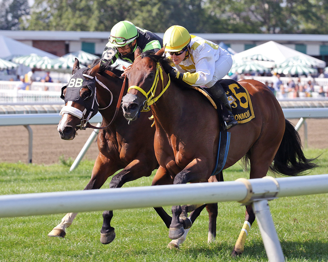 Bramble Bay (left) finishes second in the 2021 Pinot Grigio Stakes at Monmouth