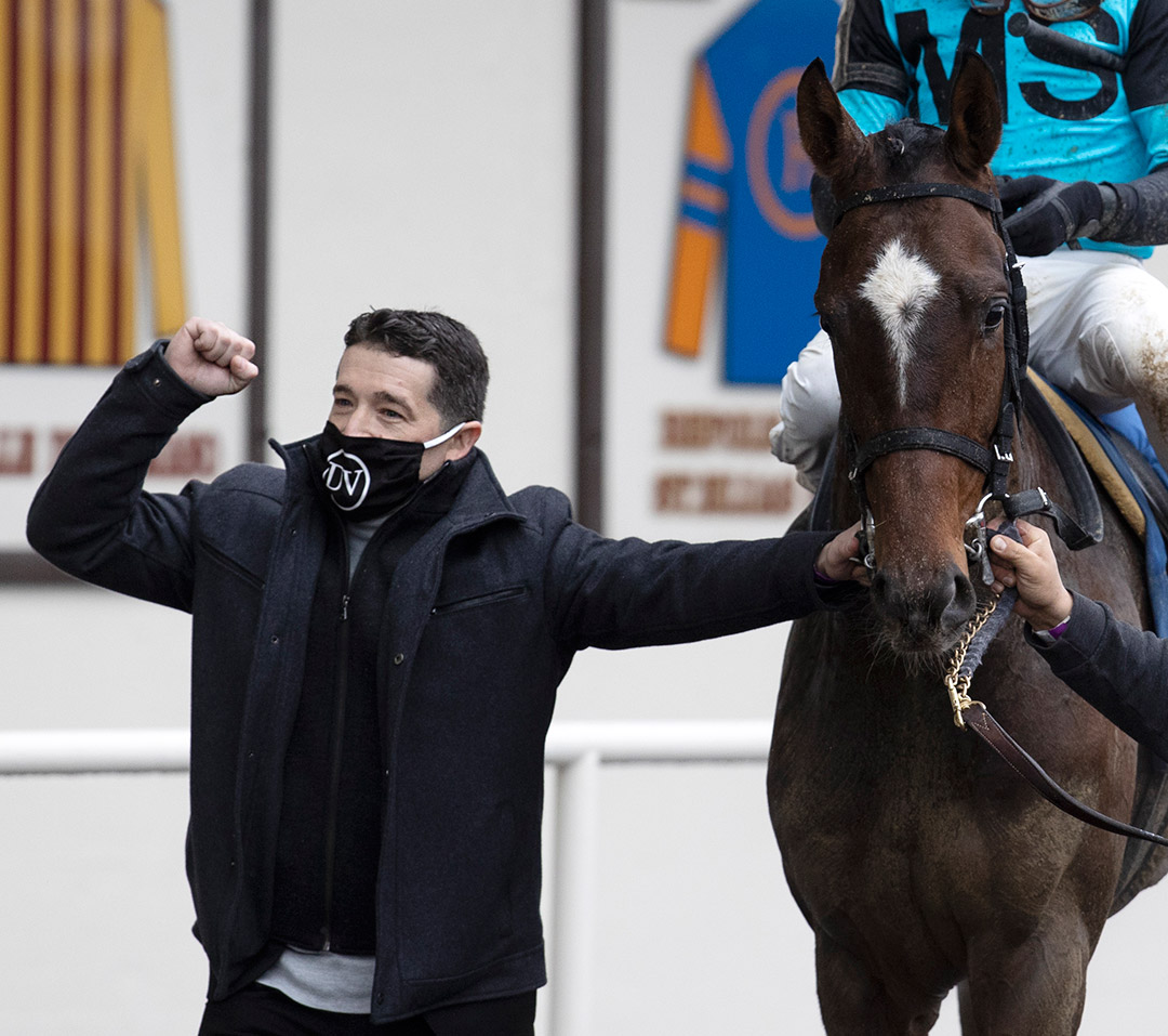 Trainer Danny Velazquez with Brooklyn Strong after winning the Remsen Stakes