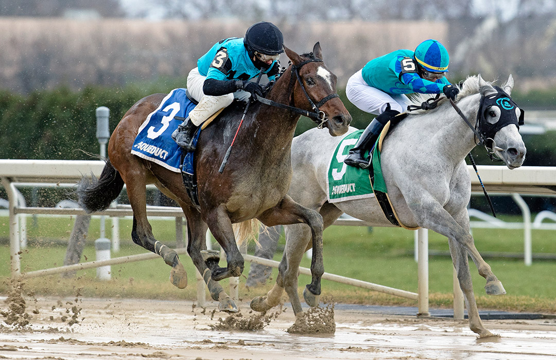 Brooklyn Strong (left) wins the 2020 Remsen Stakes at Aqueduct