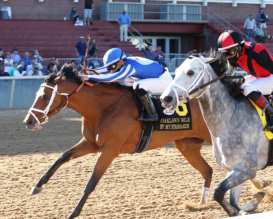 By My Standards wins the 2021 Oaklawn Mile Stakes at Oaklawn Park