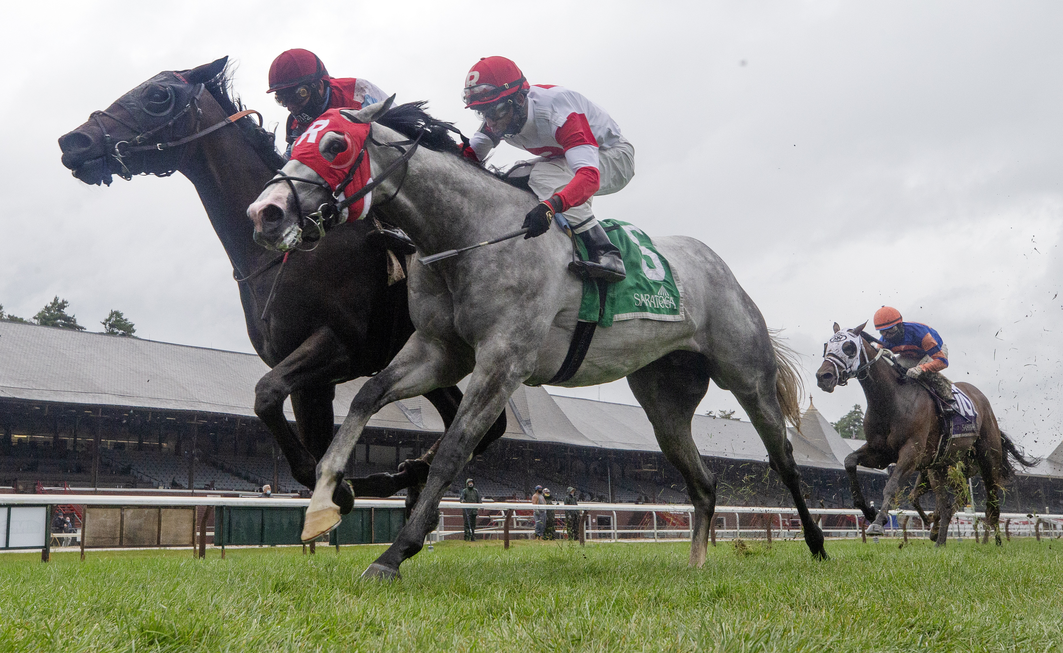 Bye Bye Melvin (left) wins the 2020 Saranac Stakes at Saratoga