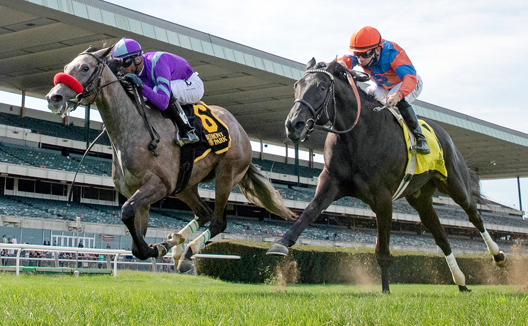 Caironi (left) wins an Oct. 2 maiden race at Belmont Park