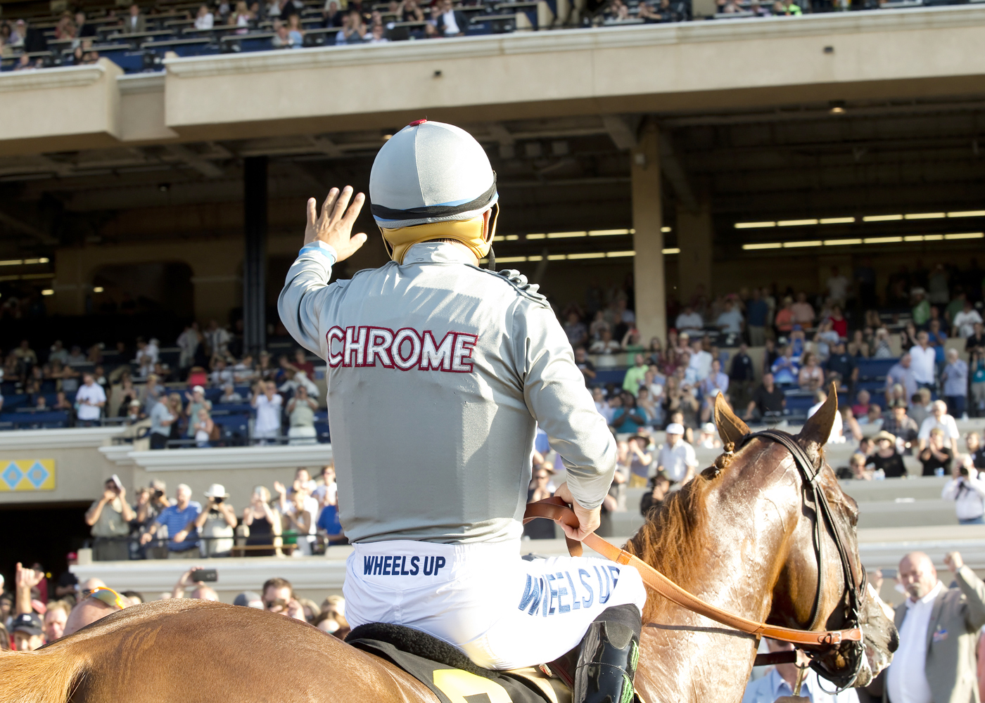 California Chrome and Victor Espinoza at the San Diego Handicap