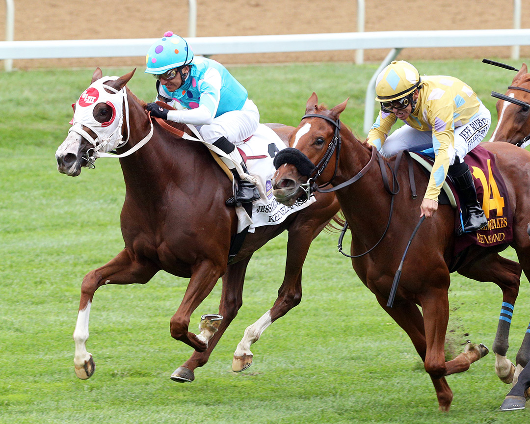 California Angel (left) wins the 2021 Jessamine Stakes at Keeneland