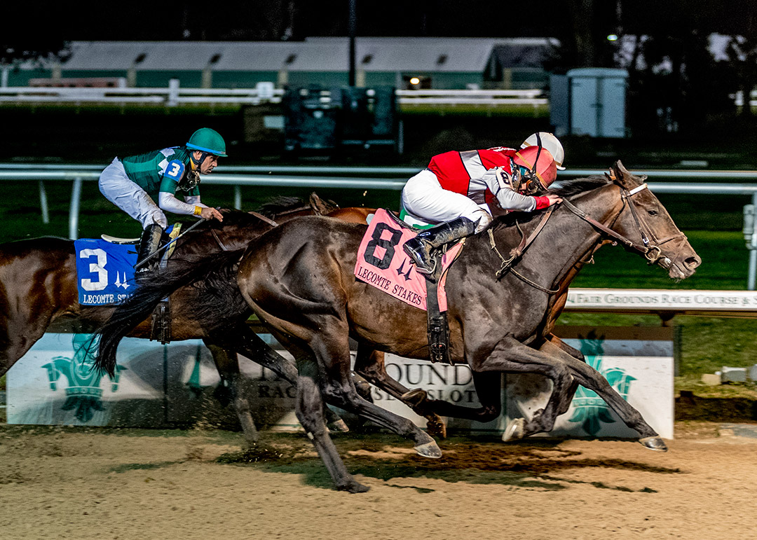 Call Me Midnight (8) wins the 2022 Lecomte Stakes at Fair Grounds