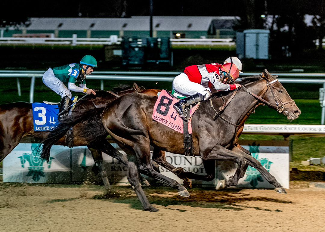 Call Me Midnight (No. 8) wins the 2022 Lecomte Stakes at Fair Grounds