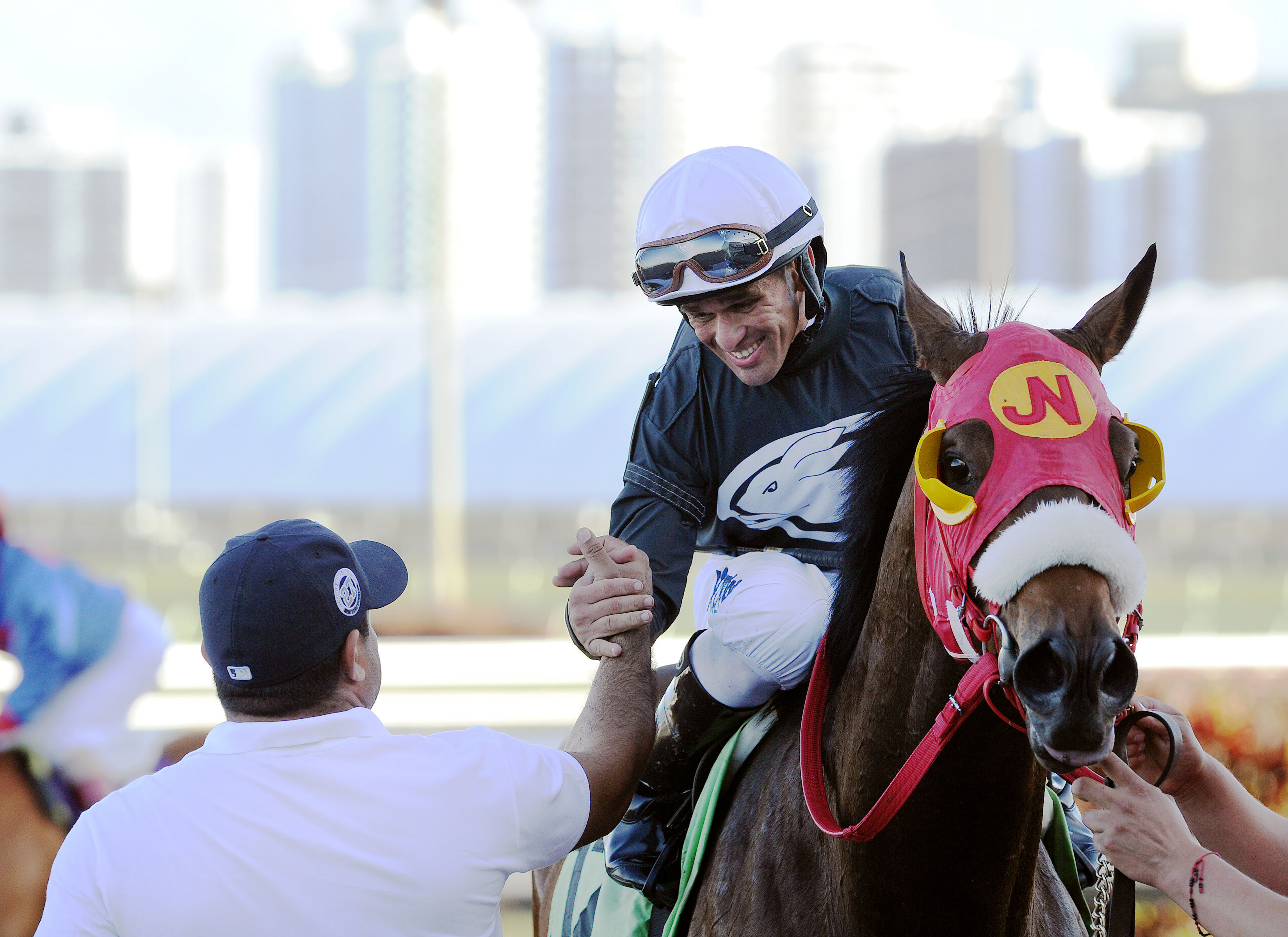 Javier Castellano celebrates his 4000 win aboard Captain Stan