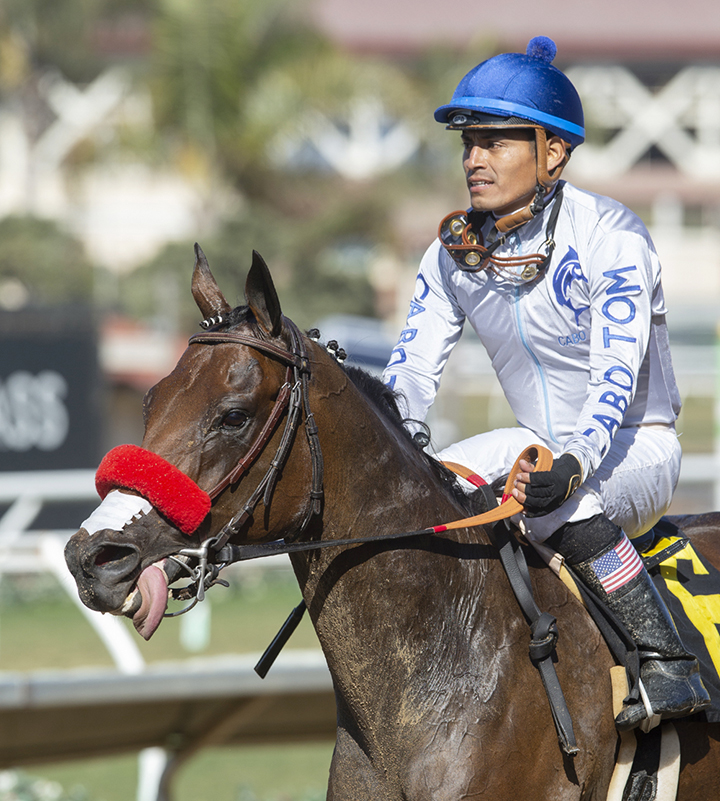 Abel Cedillo aboard Two Thirty Five after the Brubaker Stakes at Del Mar