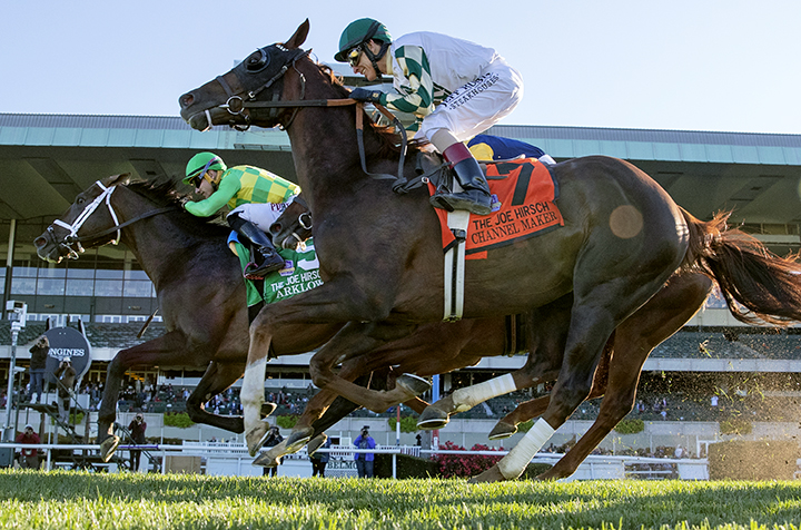 Channel Maker (No. 7) finishes second to Arklow in the Joe Hirsch Turf Classic at Belmont Park