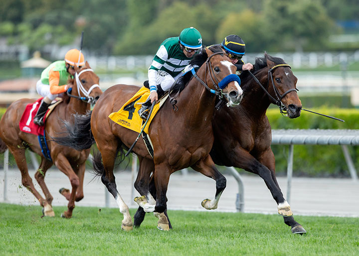 Cistron (left) wins the 2020 San Simeon at Santa Anita Park